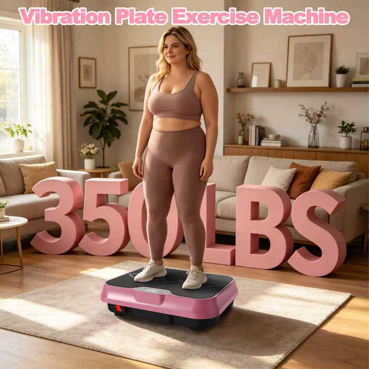 Woman standing on a vibration plate exercise machine in a living room with large pink numbers indicating weight capacity.