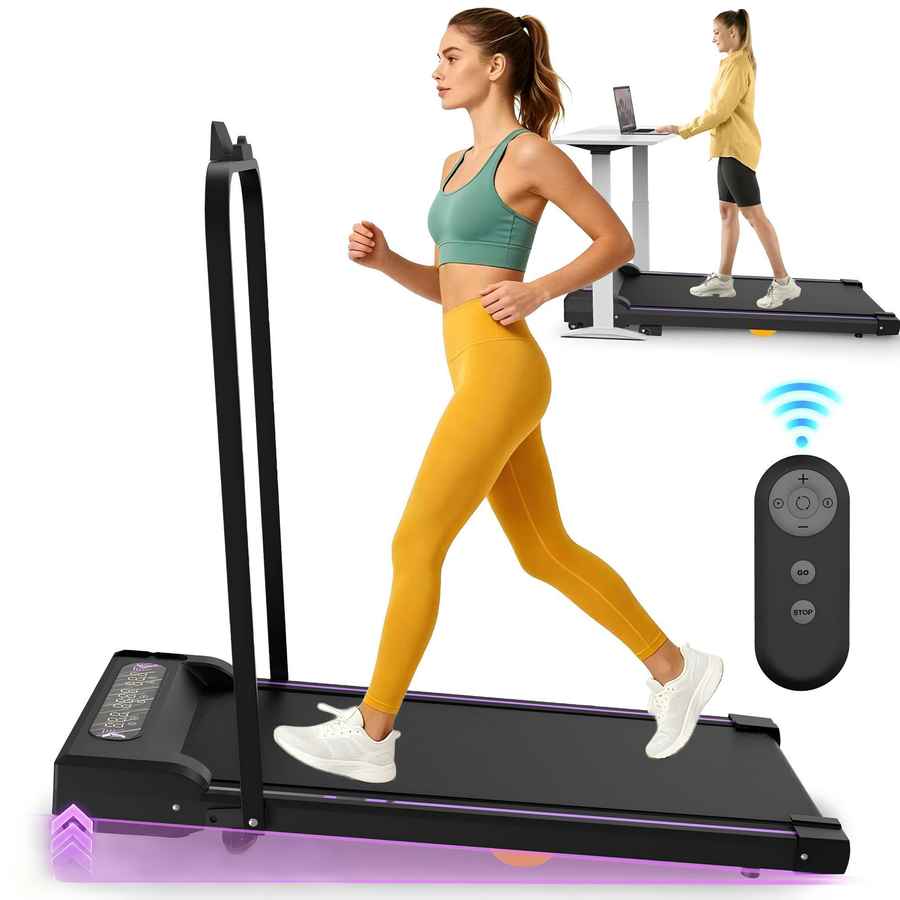 Black portable under desk treadmill with LED display, remote control, and purple accents, suitable for home office use
