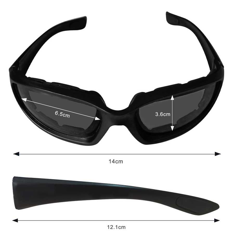 Black sunglasses with measurements on a white background
