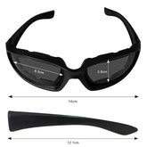 Black sunglasses with measurements on a white background