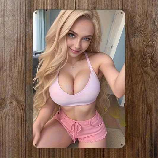 Vintage Lingerie Tin Sign for Home Décor featuring a retro-style blonde woman in pink lingerie on durable aluminum with pre-drilled holes.