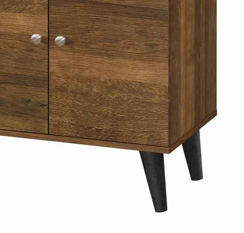 Close-up of the wooden cabinet doors with round metal knobs, showcasing the rich wood grain and sturdy construction of the TV stand