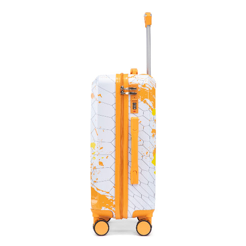 Orange and white suitcase with a geometric pattern on a white background