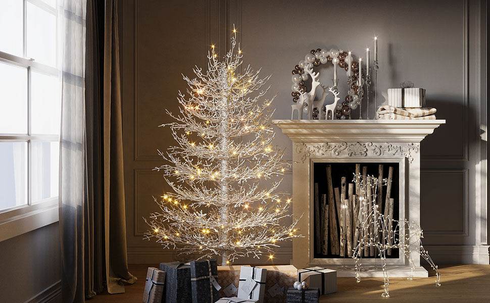 4FT Pre-lit Aspen Fir Artificial Christmas Tree, Hinged Xmas Tree 280 Snow Flocked Branch Tips, 230 Warm White LED Lights, Holiday Coral Christmas Tree for Home Party