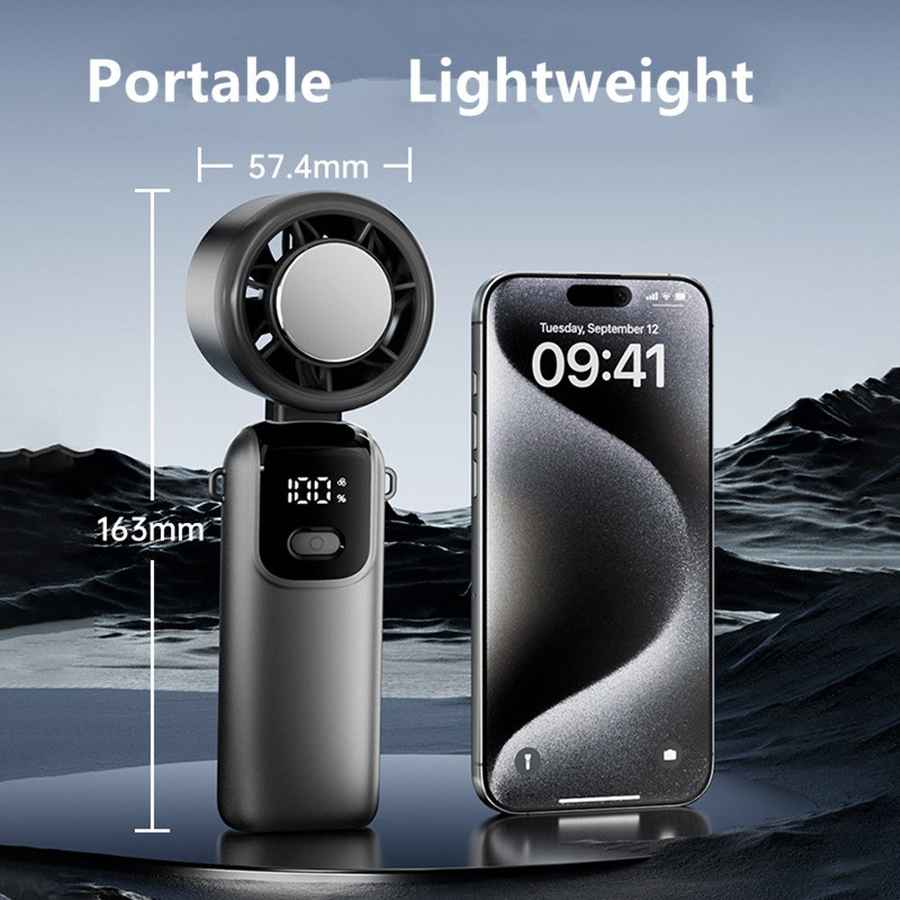 Portable fan next to a smartphone with measurements and text on a scenic background