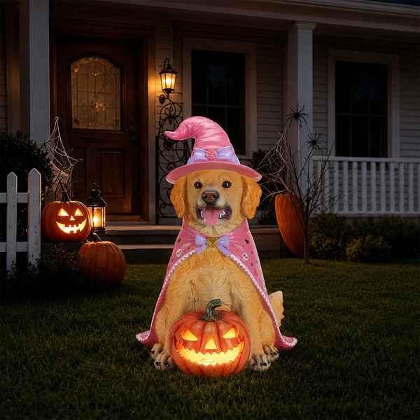 A golden retriever dog statue dressed as a witch sits on a lawn in front of a house at dusk. The dog wears a pink witch hat and cape and holds a glowing jack-o&