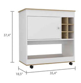 White storage cabinet with wooden top and shelves, dimensions indicated on a white background