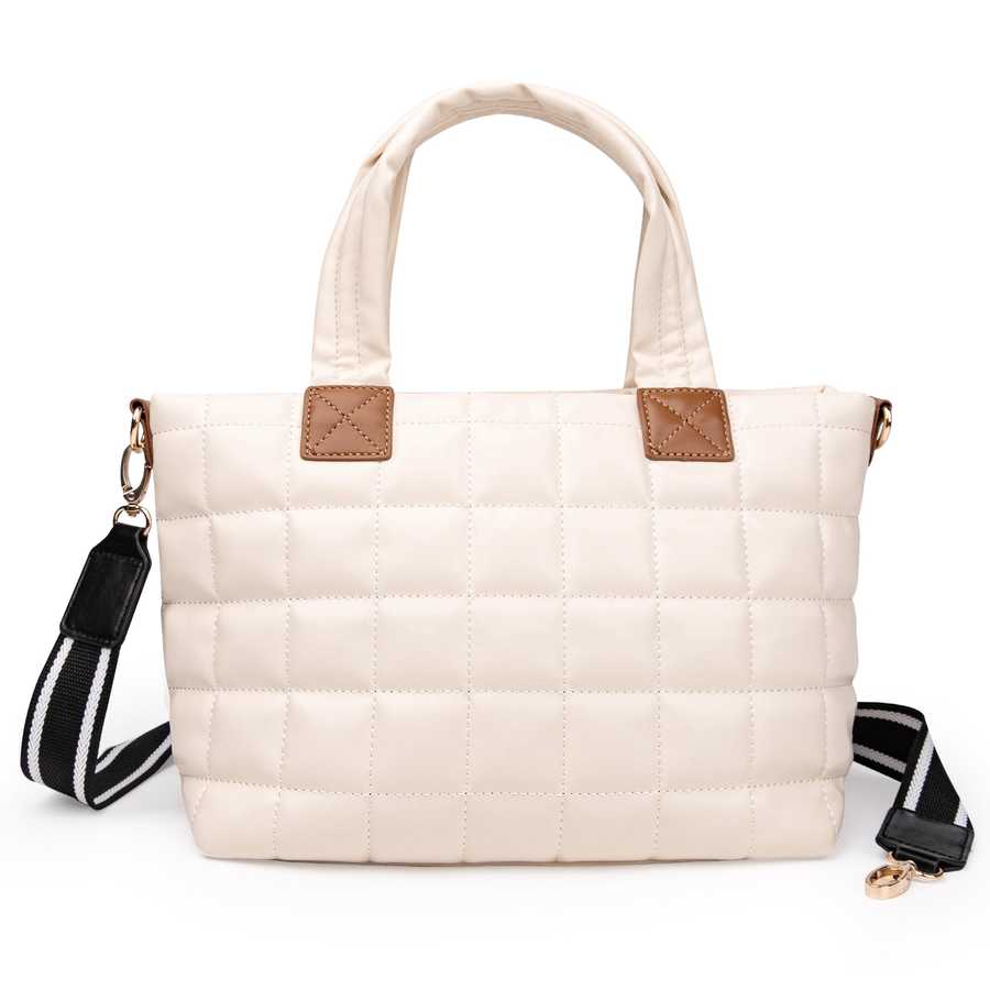 Beige quilted handbag with brown leather accents on a white background