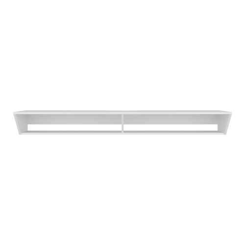 White modern media console for 65 inch TV with open compartments, styled with vases and books on a wooden table.