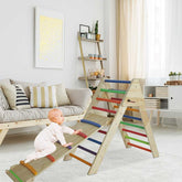 Child playing on a colorful wooden climbing toy in a bright living room.
