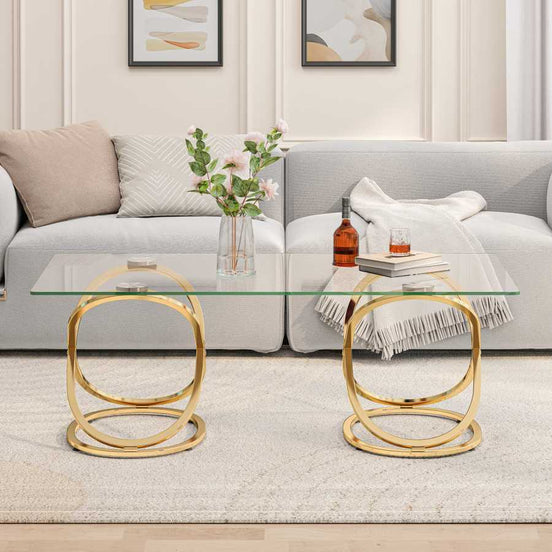 Modern Rectangle Glass Coffee Table with Ring-Shaped Frames Metal