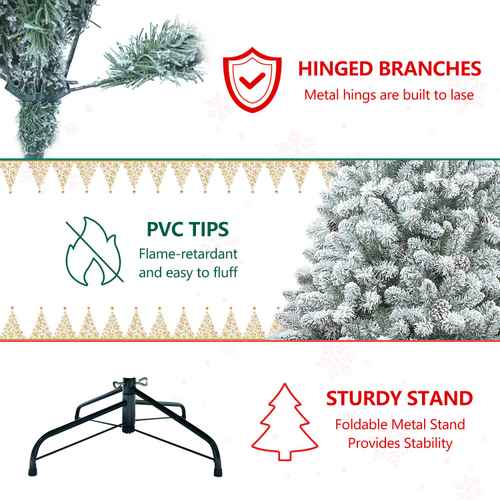 Flocked Christmas tree hinged branches, PVC tips and sturdy stand