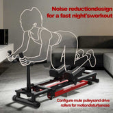 Home exercise machine with a person using it, placed in a living room setting.