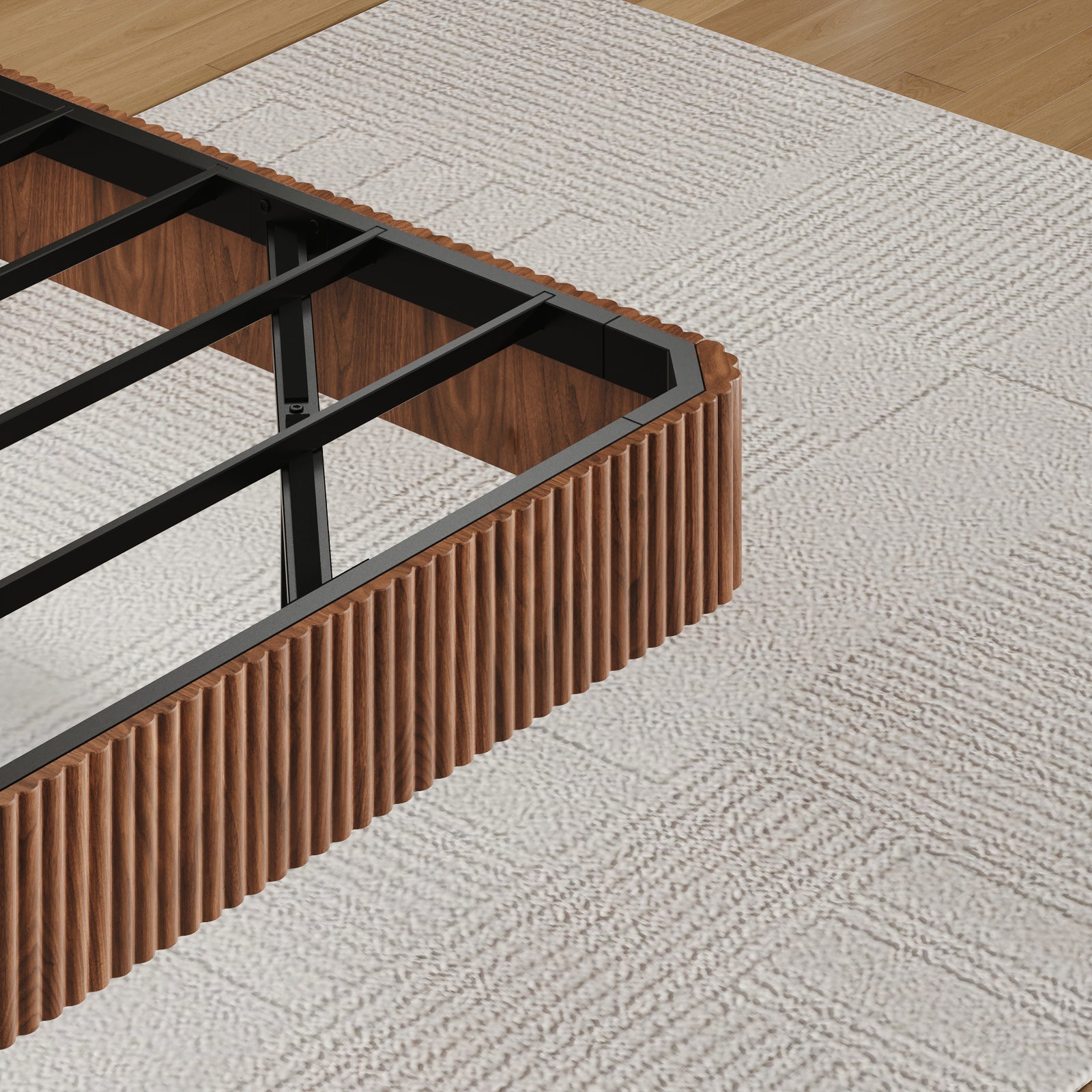 Close-up of walnut ripple texture on king floating bed frame with LED lights, showcasing premium craftsmanship and design.