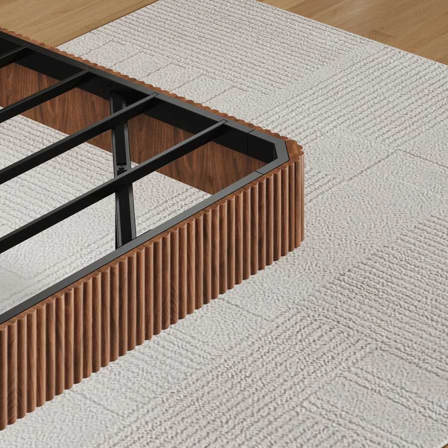 Close-up of walnut ripple texture on king floating bed frame with LED lights, showcasing premium craftsmanship and design.