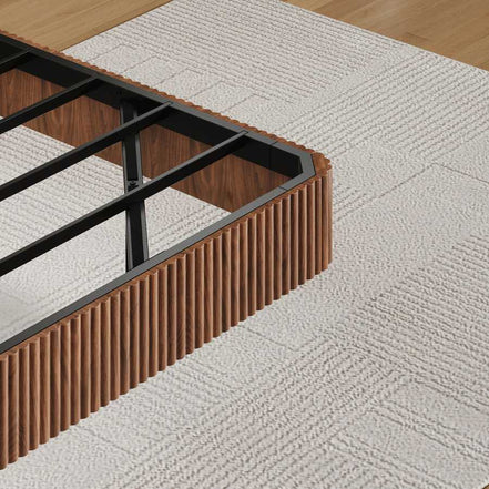 Close-up of walnut ripple texture on king floating bed frame with LED lights, showcasing premium craftsmanship and design.