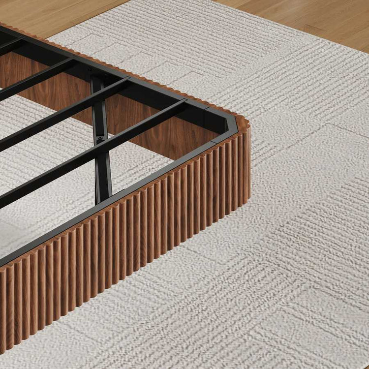 Close-up of walnut ripple texture on king floating bed frame with LED lights, showcasing premium craftsmanship and design.