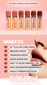 A promotional graphic for Golden Lip Gloss showing six small gloss vials in different nude shades against a pink background, with text listing benefits such as up to 24 hour wear, smudge-proof, transfer-proof, water-resistant, easy to glide and peel off, safe nourishing ingredients, and highly pigmented color. A close-up of lips appears on the right side.