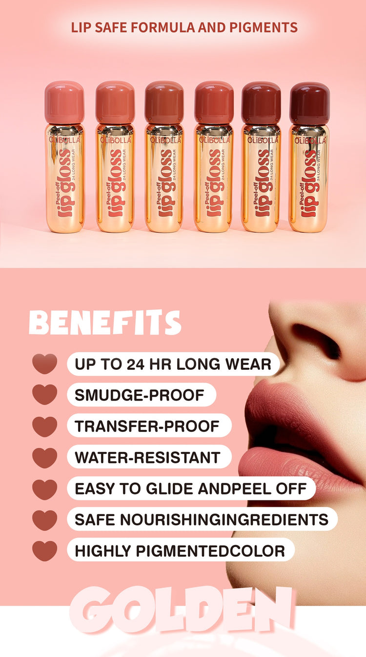 A promotional graphic for Golden Lip Gloss showing six small gloss vials in different nude shades against a pink background, with text listing benefits such as up to 24 hour wear, smudge-proof, transfer-proof, water-resistant, easy to glide and peel off, safe nourishing ingredients, and highly pigmented color. A close-up of lips appears on the right side.