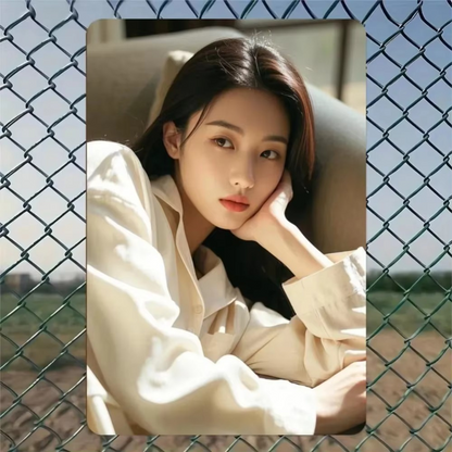 Beauty Themed Aluminum Wall Art - Stylish Home Decor with a peaceful female figure, displayed on a chain-link fence background.