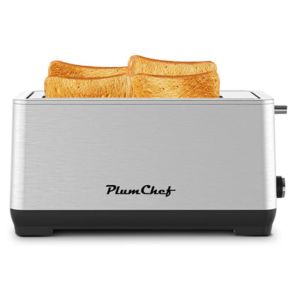 Front view of 4-Slice Toaster Stainless Steel with four slices of toast, showcasing its modern design and wide slot capacity.