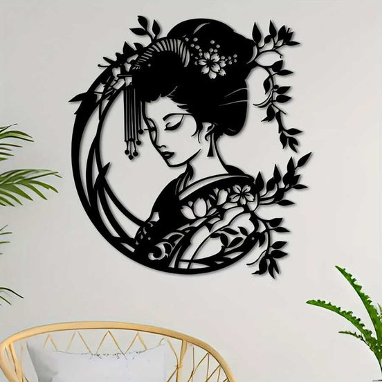 Japanese Garden Iron Wall Art featuring a Geisha silhouette with floral accents, ideal for indoor decor in living rooms or reading nooks.