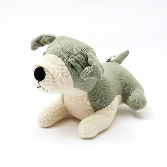 Knitted stuffed dog plush toy, soft cotton, green, cuddly pet toy