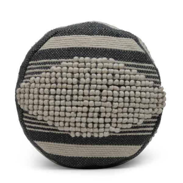 Round textured ball with black and beige stripes on a white background