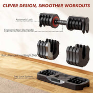 22.5lb Adjustable Dumbbell Set with ergonomic handle, rust-resistant plates, and tray lock system for smooth, safe workouts.