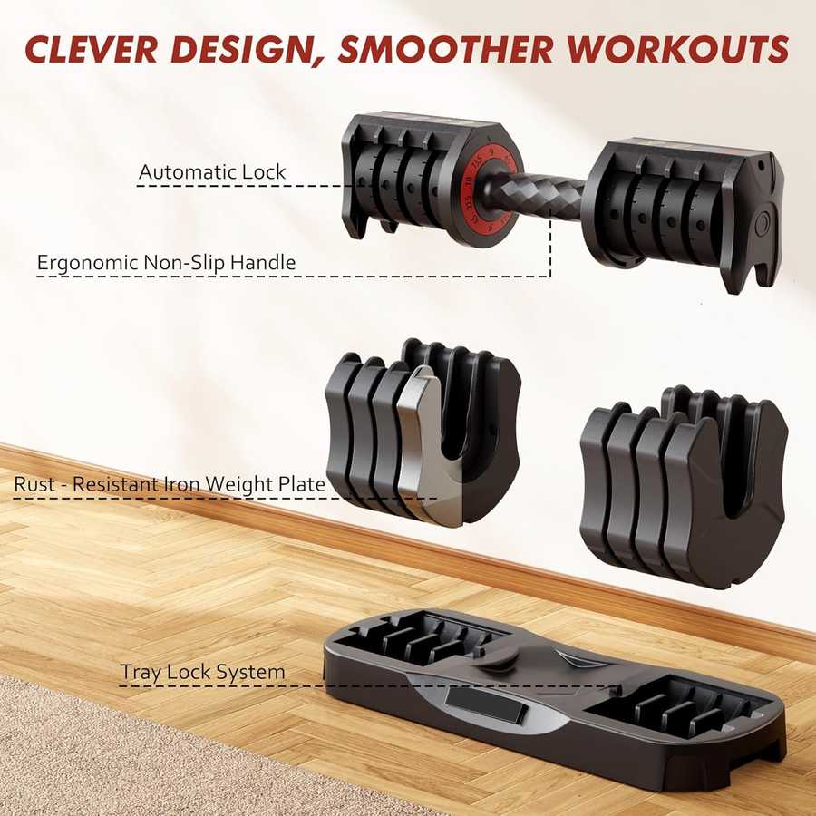 22.5lb Adjustable Dumbbell Set with ergonomic handle, rust-resistant plates, and tray lock system for smooth, safe workouts.