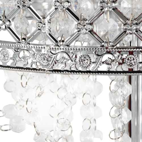 Close-up of a silver-toned chandelier or hanging light fixture with clear faceted crystal beads, a decorative metal band, and hanging clear crystal drops against a white background.