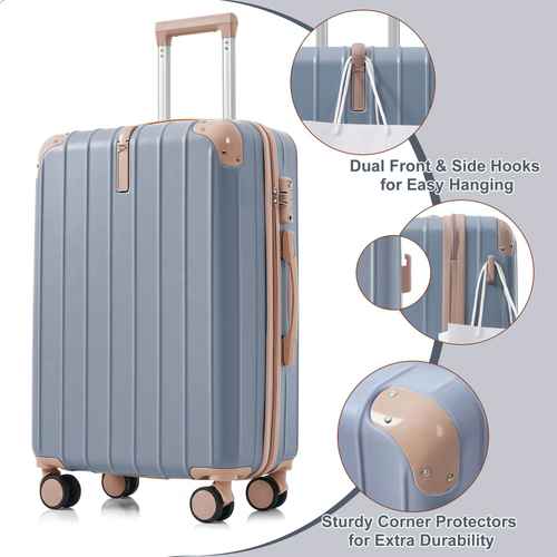 Blue suitcase with beige accents on a white background, highlighting features like dual front and side hooks and sturdy corner protectors.