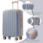 Blue suitcase with beige accents on a white background, highlighting features like dual front and side hooks and sturdy corner protectors.