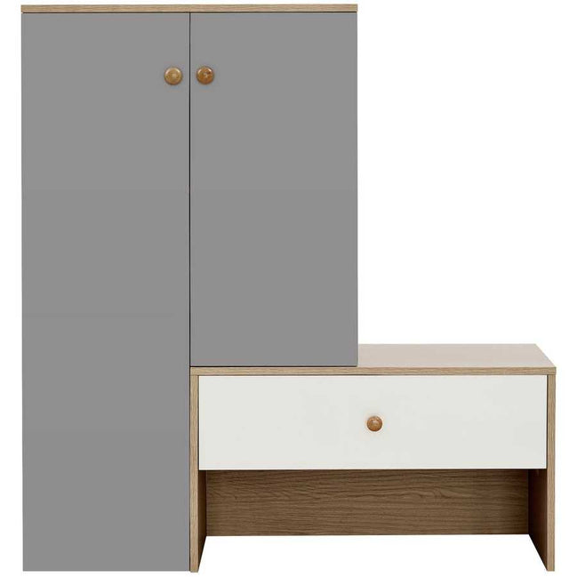 Modern multi-functional shoe storage bench & cabinets with adjustable shelves in gray and white finish, ideal for entryway organization.