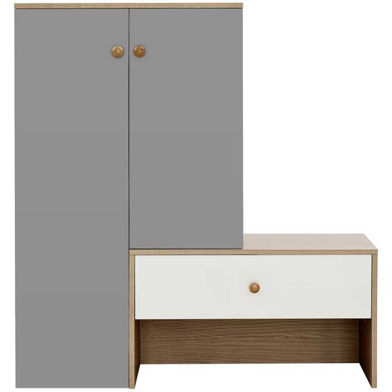 Modern multi-functional shoe storage bench & cabinets with adjustable shelves in gray and white finish, ideal for entryway organization.