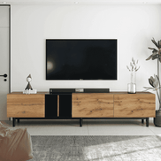Modern TV stand for 80 inch TV with wood finish and black accents, featuring 3-door storage in a minimalist living room setup.