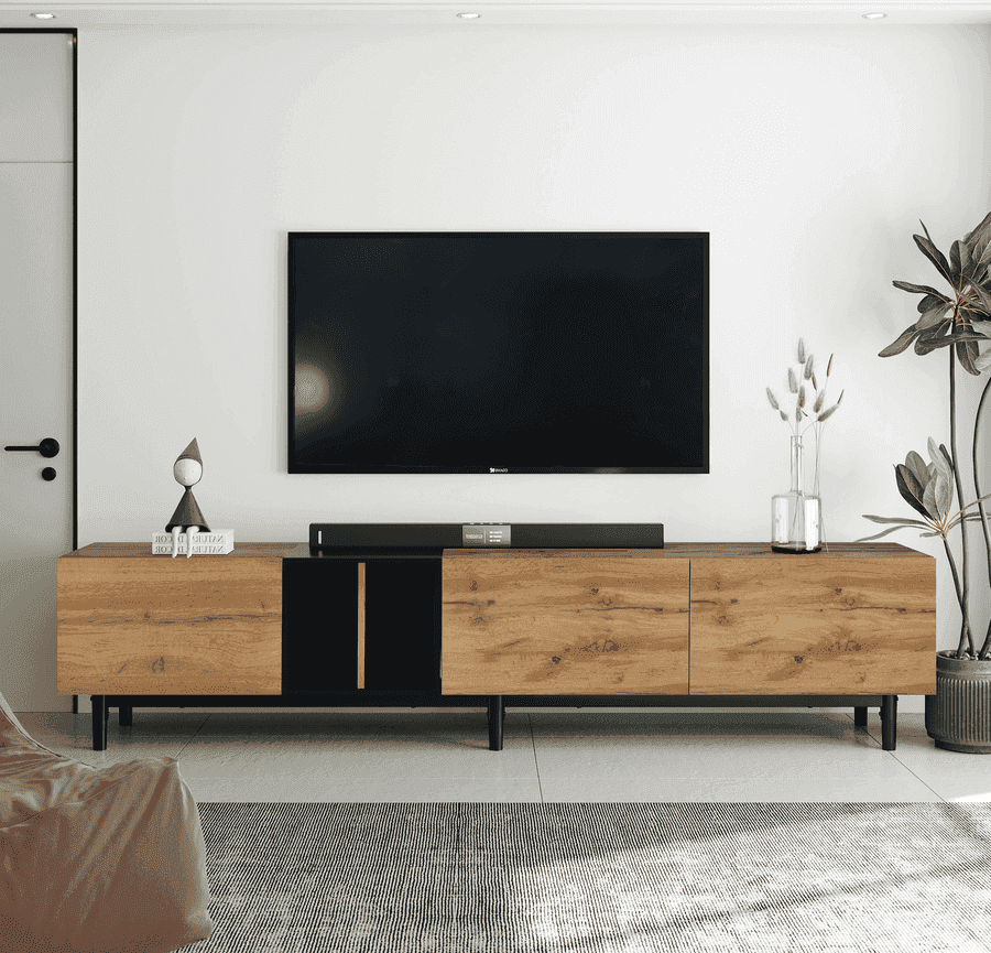 Modern TV stand for 80 inch TV with wood finish and black accents, featuring 3-door storage in a minimalist living room setup.