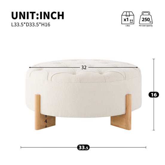 White ottoman with wooden legs and measurements on a white background