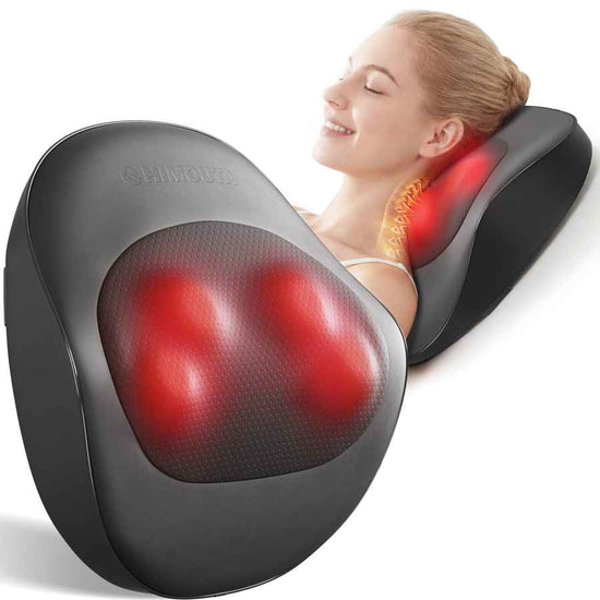 Neck massager pillow for pain relief with deep-kneading massage, red heat therapy, and adjustable intensity, black color