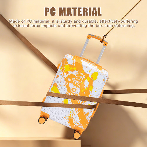 Orange and white patterned suitcase with &