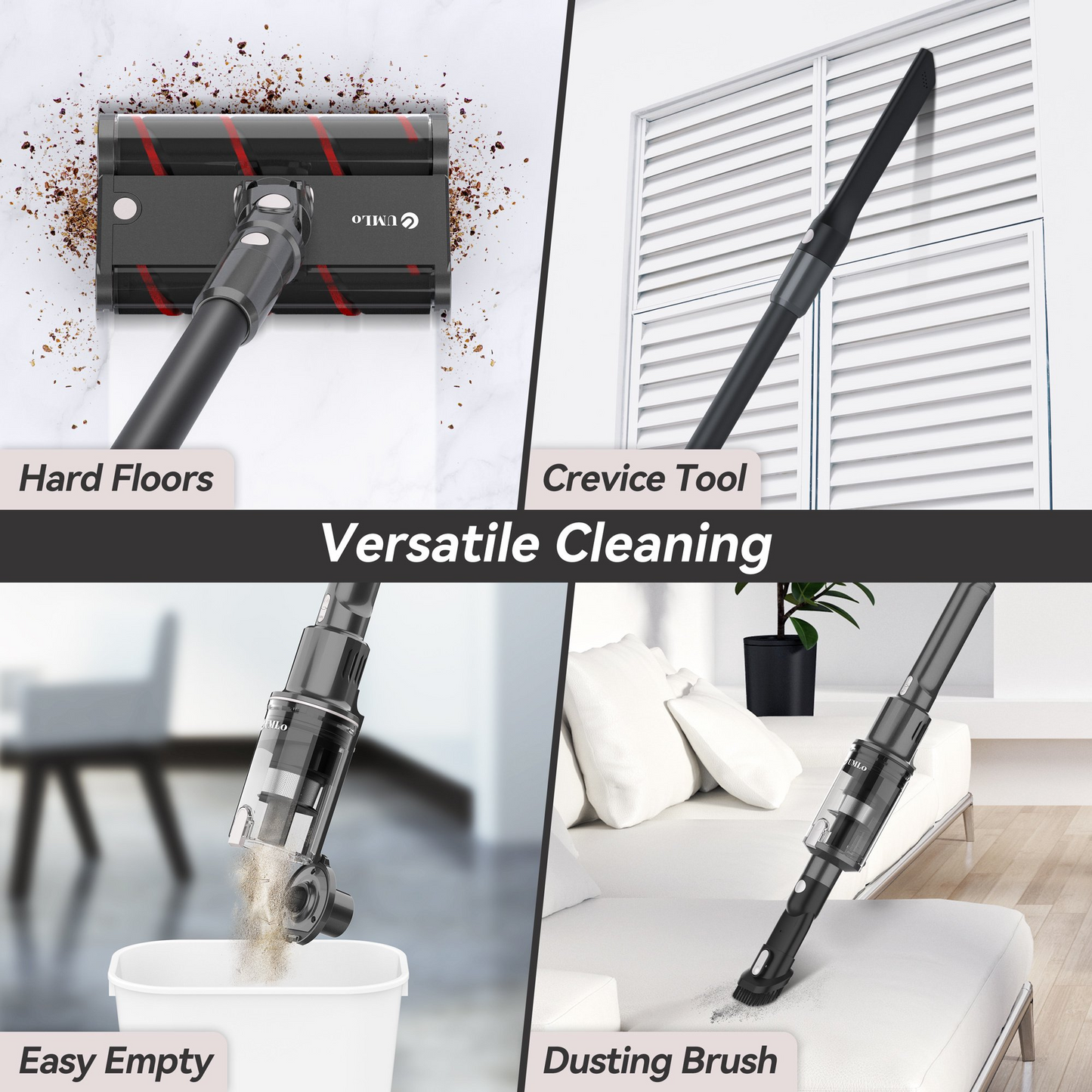 V101 Gray Cordless Vacuum Cleaner 22Kpa Powerful Suction includes crevice tool, dusting brush, and easy-empty dustbin for versatile cleaning.