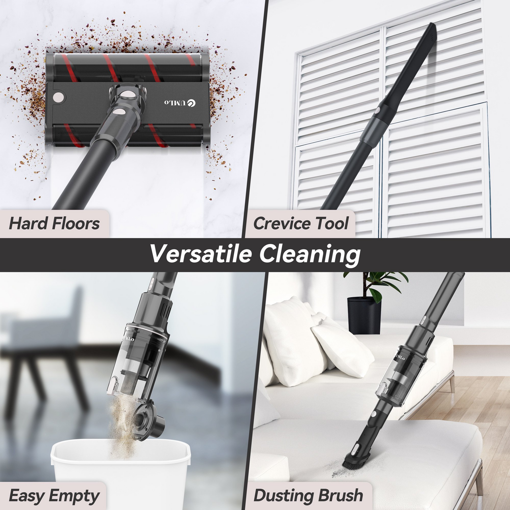 V101 Gray Cordless Vacuum Cleaner 22Kpa Powerful Suction includes crevice tool, dusting brush, and easy-empty dustbin for versatile cleaning.