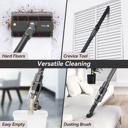 V101 Gray Cordless Vacuum Cleaner 22Kpa Powerful Suction includes crevice tool, dusting brush, and easy-empty dustbin for versatile cleaning.