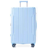 Light blue suitcase with wheels on a white background