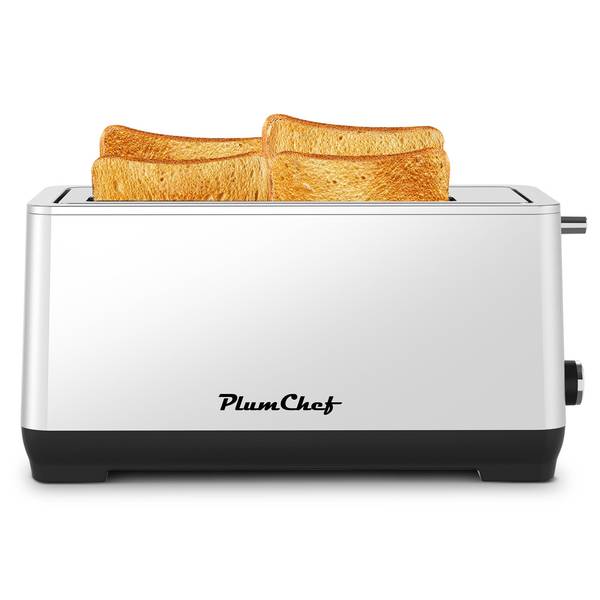 4-Slice Toaster with Wide Slots - Stainless Steel, 1500W by PlumChef, toasting four slices of bread evenly for perfect breakfast results.