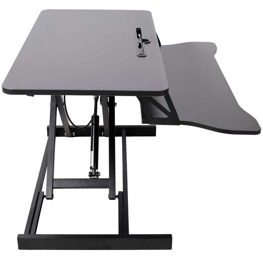 Front view of adjustable height laptop desk with extended keyboard tray, suitable for dual monitor or laptop setups.