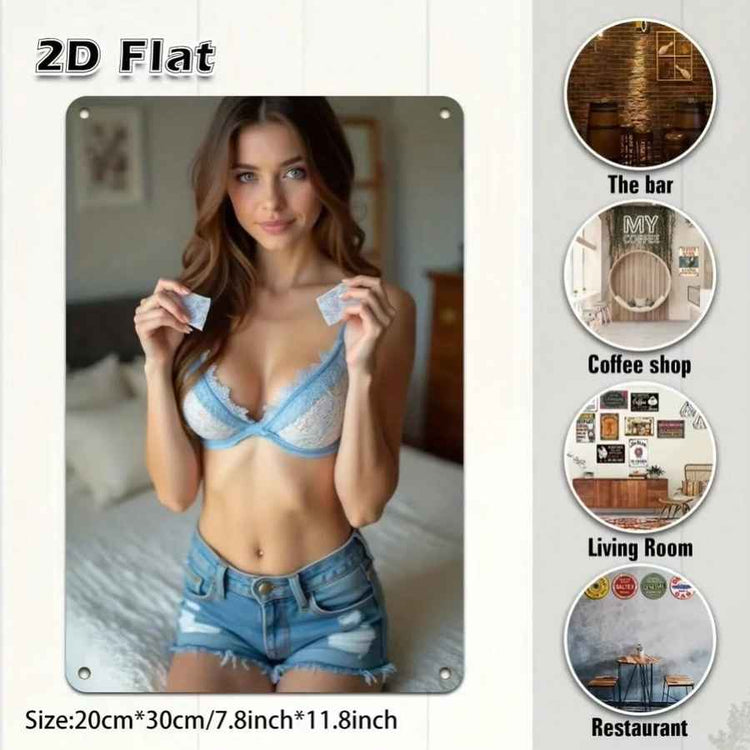 A promotional graphic for a 2D flat wall art print. The main panel shows a woman in a light blue lace bra and denim shorts holding two small square prints, with the text &