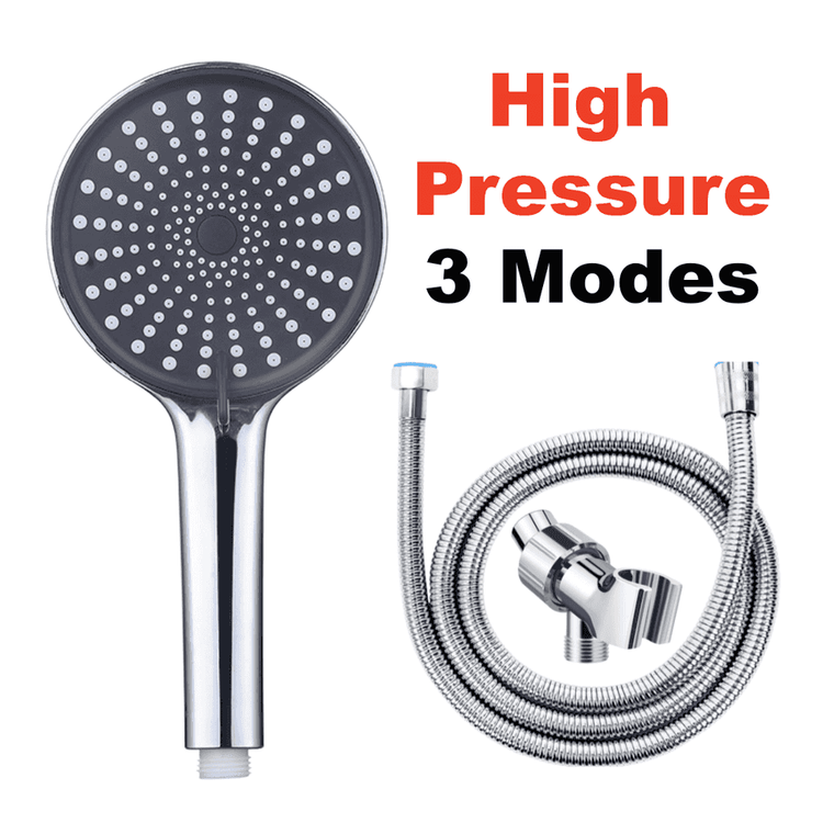 Black shower head with silver hose and bracket on a white background, labeled &