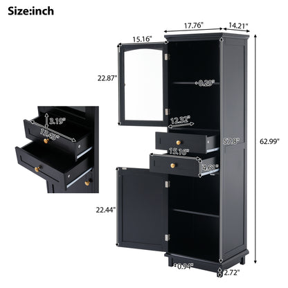 63" Tall Bathroom Storage Cabinet with Glass Doors, Free-Standing, Two Drawers, and Adjustable Shelves, MDF Board, Painted Black