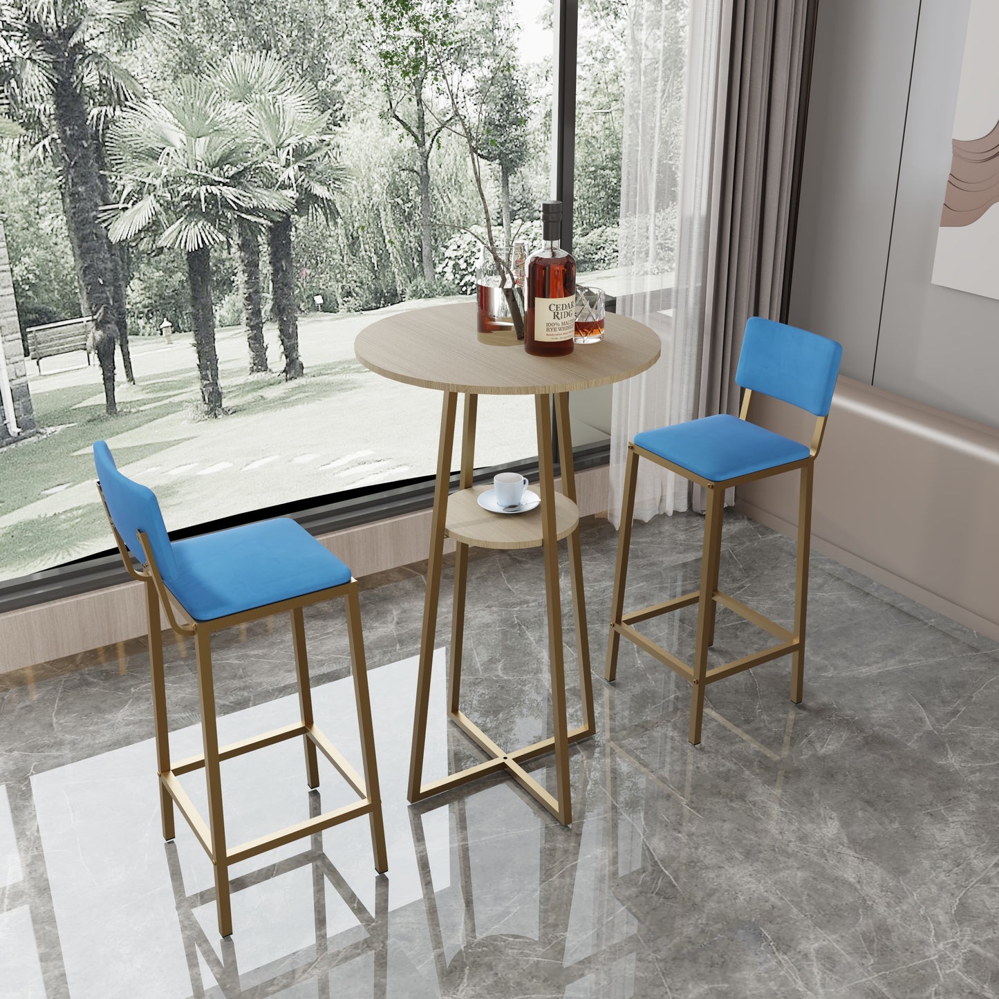 Modern Bar Table and Chairs Set with gold frame and blue cushions, featuring a compact round table with built-in storage shelf.